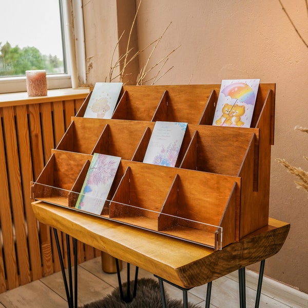 Retail display stand, Market showcase, Greeting card rack, Shop display stand, Postcard rack display, Art print display, Sticker display