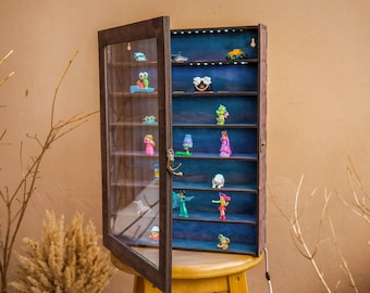 Wood display case, Display case for collectibles, Display case for figures, Display cabinet with glass door, Wall display case glass