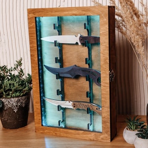 Vitrina LED para cuchillos, Almacenamiento de cuchillos de madera, Gabinete para cuchillos, Estante plegable para cuchillos de bolsillo, Organizador de cuchillos, Estante para exhibición de cuchillos