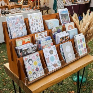 Könnte beinhalten: Ein Holzständer voller Notizbücher und Karten mit farbenfrohen Illustrationen. Der Ständer steht auf einem Holztisch mit schwarzen Metallbeinen und präsentiert Schreibwaren auf einem Markt im Freien.