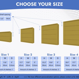 May include: Four different sizes of wooden shelves with adjustable shelf spacing. The shelves are 5.5 inches deep and have a 14cm shelf spacing. The sizes are 11.8 inches wide by 11.8 inches high, 17.7 inches wide by 13.8 inches high, 23.2 inches wide by 15.8 inches high, and 29.1 inches wide by 17.7 inches high.