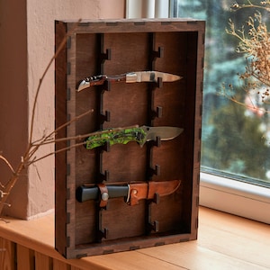 Knife display case, Knife wood storage shelf, Knife organizer, Pocket knife display shelf, Wooden shelf knife case, Knife rack holder