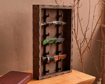 Knife display case, Wooden shelf knife case, Knife organizer, Pocket knife display shelf, Knife storage wood, Knife holder, Knife rack