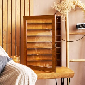 Display case, Wood display shelves, Display case for figures, Display for collectibles, Display shelf case, Display cabinet with glass door