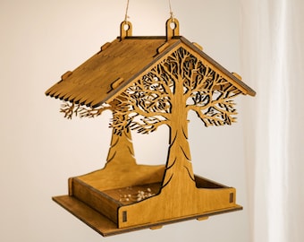 Houten vogelvoederhuisje, houten vogelhuisje voor in de tuin, voederhuis voor buiten, hangend vogelvoederhuisje, tuincadeaus voor moeder, housewarmingcadeau