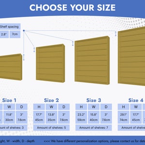 May include: Diagram showing four different sizes of wooden shelves with varying heights, widths, and depths. The shelves are 3 inches deep and have a shelf spacing of 2.8 inches or 7 cm. The sizes are labeled Size 1, Size 2, Size 3, and Size 4. The number of shelves for each size is also listed.