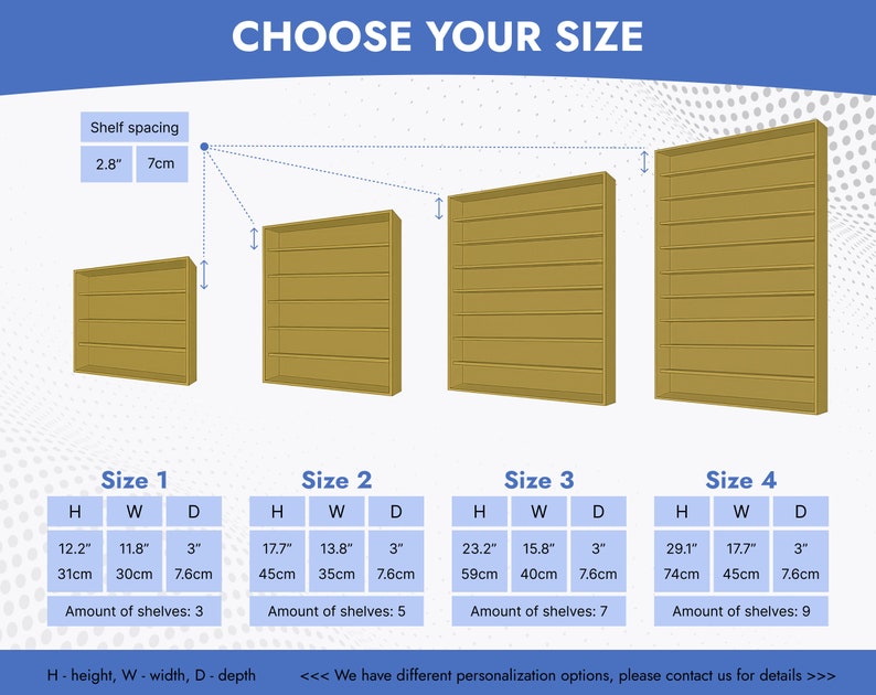 May include: Diagram showing four different sizes of wooden shelves with varying heights, widths, and depths. The shelves are 3 inches deep and have a shelf spacing of 2.8 inches or 7 cm. The sizes are labeled Size 1, Size 2, Size 3, and Size 4. The number of shelves for each size is also listed.