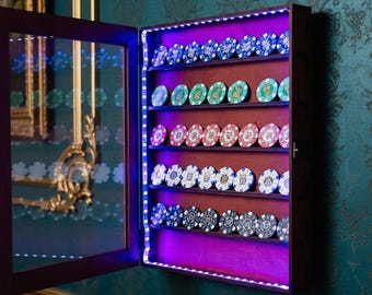 Casino Chip Display with LED, Poker Chip Holder, Casino Coin Display Cabinet, Wood Display Case