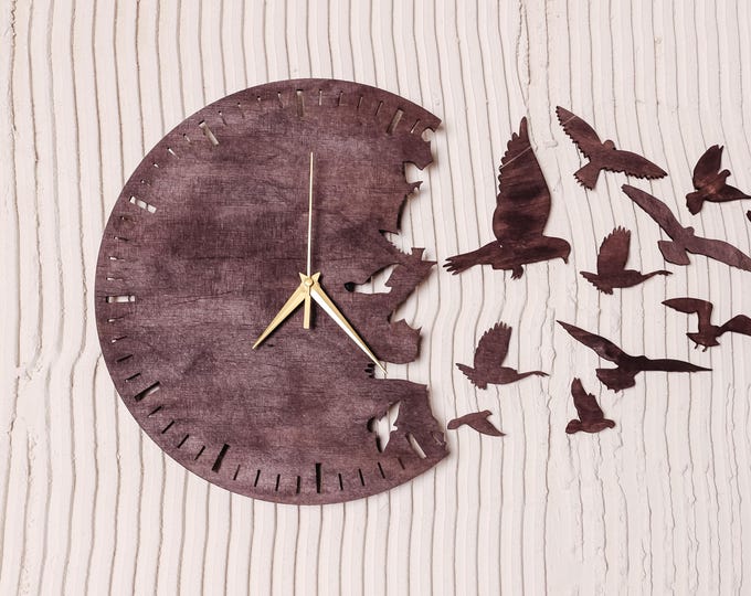 Birds wall clock, Animal wall clock, Nature wall clock, Decorative clock, Birds flying wall art clock, Wooden wall Clock for living room