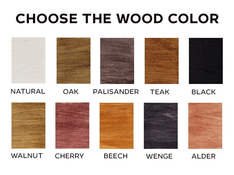 May include: A chart showing 10 different wood colors, including natural, oak, palisander, teak, black, walnut, cherry, beech, wenge, and alder.