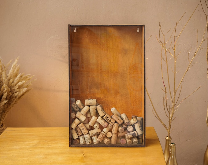 Wine cork display, Wooden Wine Cork Holder, Wine Lover Gift, Wine Cork Keeper, Rustic Wine Cork Shadow Box, Kitchen Bar Wall Art Decor
