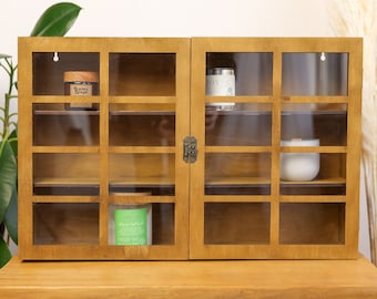 Wooden storage cabinet, wood display cabinet, cabinet with shelves and doors, display case for figurines, display case wall mount