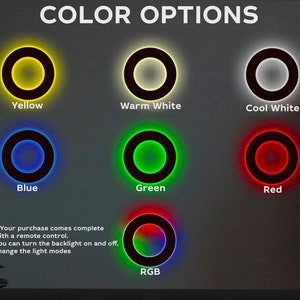 May include: A chart displaying various colour options for a light ring. The colours include yellow, warm white, cool white, blue, green, red, and RGB. The text "Your purchase comes complete with a remote control. You can turn the backlight on and off. Change the light modes" is also included.