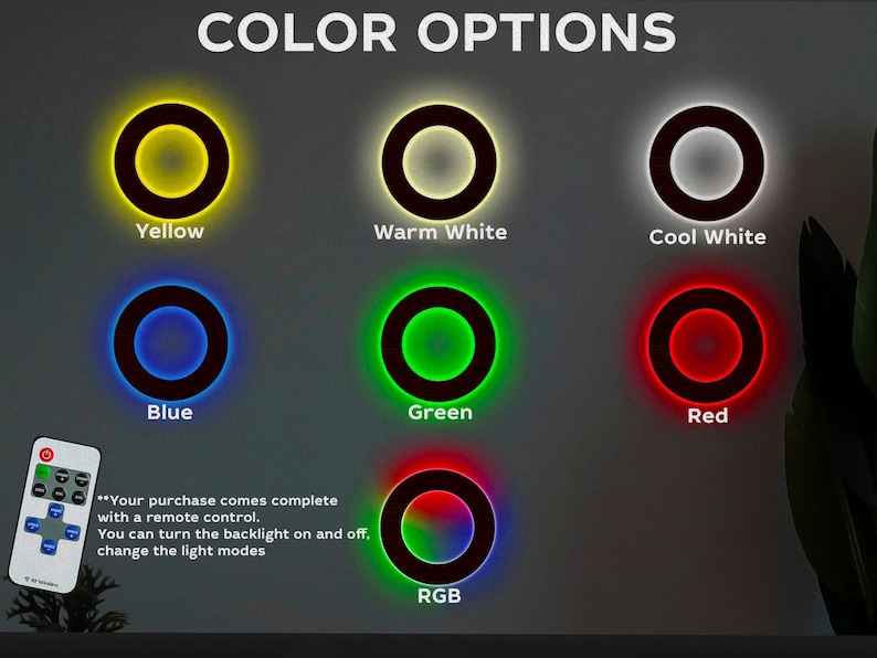 May include: A chart displaying various colour options for a light ring. The colours include yellow, warm white, cool white, blue, green, red, and RGB. The text "Your purchase comes complete with a remote control. You can turn the backlight on and off. Change the light modes" is also included.