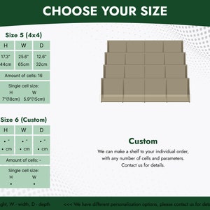 May include: A chart showing two sizes of shelves for displaying items. Size 5 is 17.3 inches high, 25.6 inches wide, and 12.6 inches deep. Size 6 is customizable. The chart includes the dimensions in inches and centimeters, as well as the number of cells and the size of each cell.
