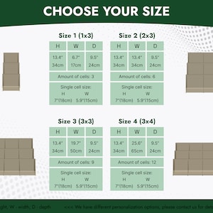 May include: A chart showing four different sizes of cardboard display stands. Each size is labeled with its dimensions in inches and centimeters, the number of cells, and the size of each cell. The stands are shown in a light brown color.