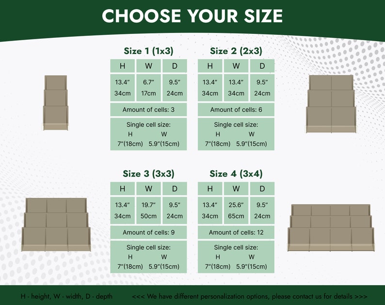 May include: A chart showing four different sizes of cardboard display stands. Each size is labeled with its dimensions in inches and centimeters, the number of cells, and the size of each cell. The stands are shown in a light brown color.