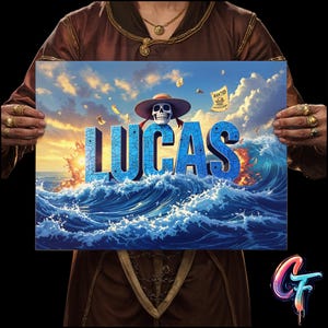 Affiche de pirate anime personnalisée, nom d'art personnalisé, conception de carte au trésor, impression mate nautique, décoration murale 12 × 16, cadeau de décorations de jeux vidéo