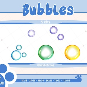 May include: Digital graphic with the word "Bubbles" in blue script above five colourful bubble illustrations. The bubbles are in shades of blue, green, and yellow. Text includes "5 Bits", "Instant Download", and size options.