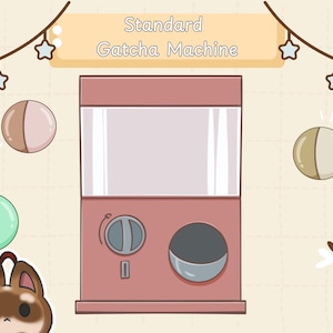 May include: A pink gacha machine with a clear display window, a dial, and a coin slot. The text "Standard Gatcha Machine" is above the machine. Decorative elements include cartoon Shiba Inu dogs and gacha balls in various colors.