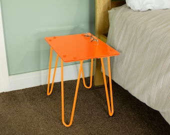 Orange Side Table, Coffee Table, Bed Side Table, End Table, Modern, Minimalist, Living Room, Bedroom, Glossy Finish, Colourful, Bright