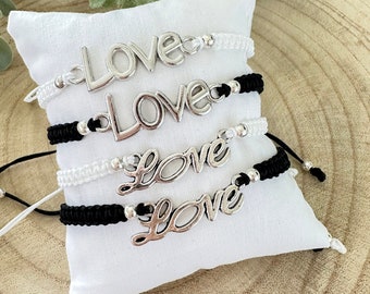 Pulsera con dije Love en macramé plana ajustable, Regalo para mujeres, hombres y adolescentes, Regalo de aniversario, San Valentín y amistad