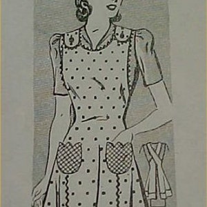 May include: A black and white illustration of a woman wearing a polka dot apron with a ruffled neckline and two large pockets. The apron has a scalloped hem.