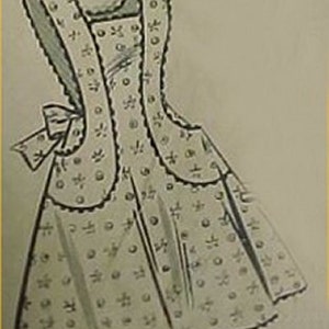 May include: A white apron with a floral print and a tie at the waist. The apron has two pockets on the front.
