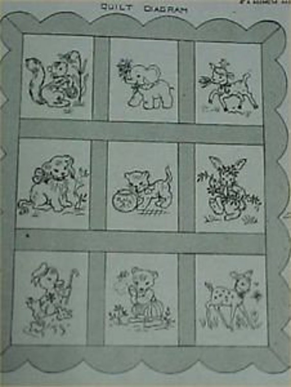 Vintage Baby Animal Embroidered Crib Quilt Pattern Too Cute 40s Sewing Material Bqk 803