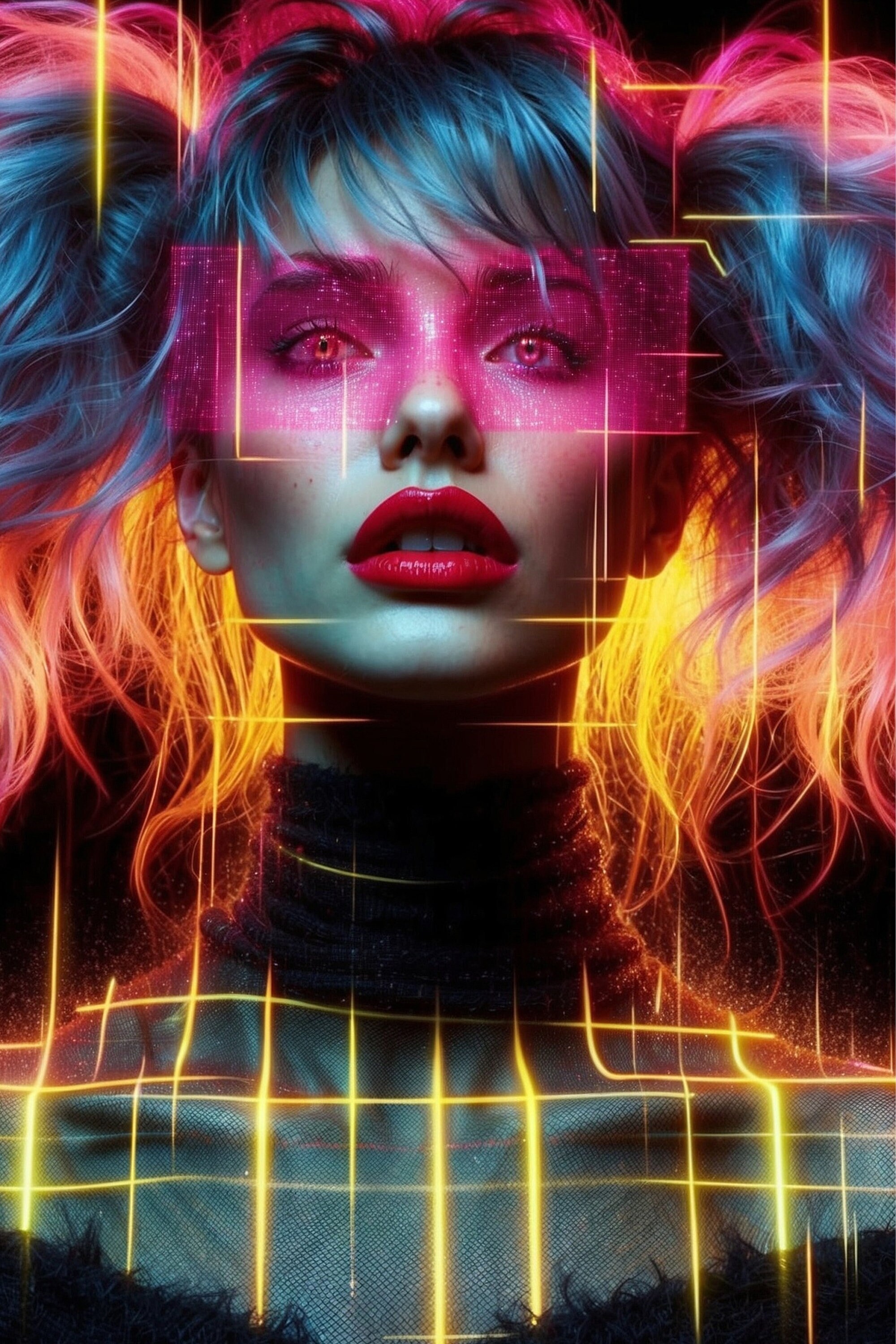 Neon Punk Girl Vibrant Digital Wall Art, Digital Prints, Abstract Print