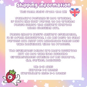 May include: A pastel-colored graphic with the text "Shipping information" and a UK flag. The text details shipping from the UK, tracking options, and estimated delivery times for the UK, Europe, and other locations.