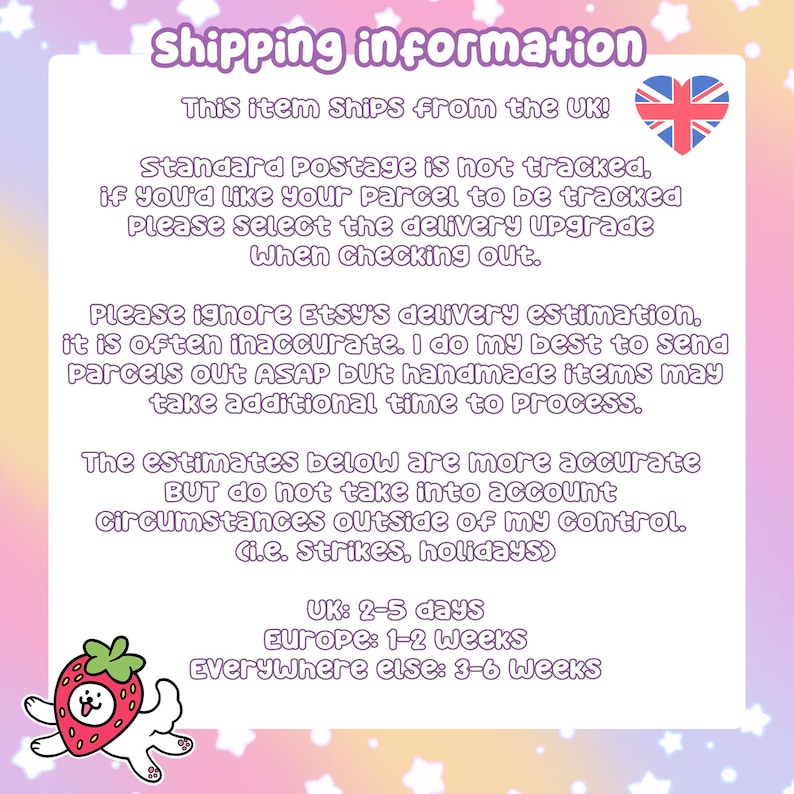 May include: A pastel-colored graphic with the text "Shipping information" and a UK flag. The text details shipping from the UK, tracking options, and estimated delivery times for the UK, Europe, and other locations.