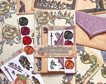 Enlightened Manuscript Letter Writing Set | Medieval Marginalia Stationery Kit With Envelopes And Stickers