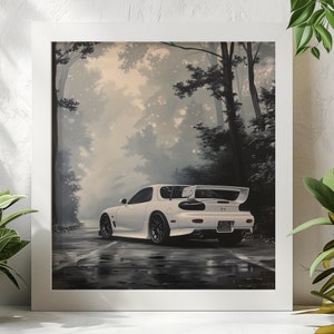 Ethereal Conquest: The Enigmatic White Mazda RX7, Mazda RX7 , Wall Art, Oil painting, Automotive Artwork
