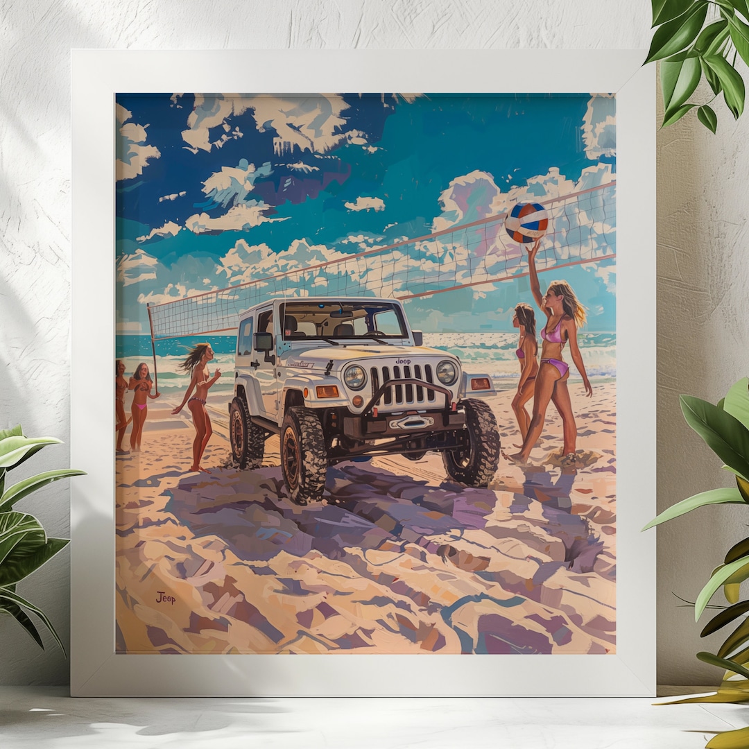 Beach Vibes: White Jeep and Volleyball Fun, Wall Art, Classic