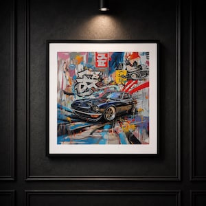May include: A framed wall art print featuring a dark blue vintage sports car set against a vibrant, abstract graffiti background. The artwork incorporates bold splashes of red, yellow, and blue paint, along with stylized Japanese characters and graphic elements.