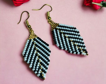 Boho Chic Beaded Leaf Earrings - Handmade Black, White and Gold Dangle Earrings