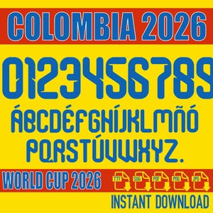 Może przedstawiać: Cyfrowy projekt z napisem "COLOMBIA 2026" w kolorze niebieskim, na żółtym tle z czerwonymi i białymi akcentami. Zawiera pełny alfabet, cyfry oraz słowa "WORLD CUP 2026" i "NATYCHMIASTOWE POBIERANIE".