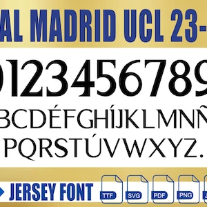 Real Madrid 2023-2024 UCL Schriftart – digitaler Download für Shirts, Namen & Zahlen | Vektor Schrift Kit Fussball.