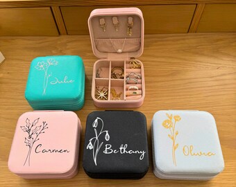 Custom Name Jewelry Box, Birth Flower Personalised Jewellery Box, Travel Jewellery Box, Birthday Gift, Bridesmaid Gifts, Gift for her