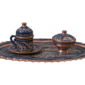Turkish Copper Blue Coffee Set Turkish Copper Serving Set With Coffee Pot Arabic Coffee Set Turkish Coffee Cup Copper Gift Ideas for Home