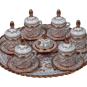 White Turkish Copper Serving Set With Coffee Cup 6 People, Turkish Coffee Set Arabic Coffee Set Turkish Coffee Cup Set Copper Gift Ideas for