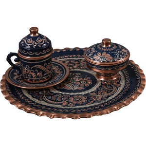 Turkish Copper Blue Coffee Set Turkish Copper Serving Set With Coffee Pot Arabic Coffee Set Turkish Coffee Cup Copper Gift Ideas for Home