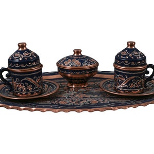 2 Pieces Turkish Blue Coffee Set Turkish Copper Serving Set With Coffee Pot Arabic Coffee Set Turkish Coffee Cup Copper Gift Ideas for Home