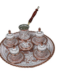4 Pieces Turkish White Copper Coffee Set With Coffee Pot, Turkish Coffee Set Arabic Coffee Set Turkish Coffee Cup Set Copper Gift Ideas for