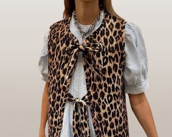 Leopards Print Vest, Bow Lace-up Vest,  V-neck Tank Top, Sleeveless Street Outwears, Office Lady Spring Vest
