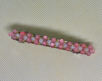 Beaded french style barrette with pink, gold and pearl glass beads