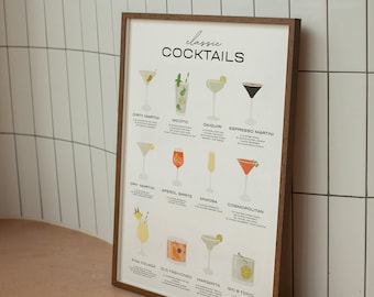 Classic Cocktails Poster - Bar Cart Art | Vintage Wall Art with Recipes for Each Cocktail | Home Bar Decor | Ideal Gift for Cocktail Lovers