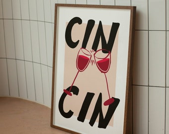 Cin Cin Print - Retro Wine Print - Bar Cart Art - Retro Cocktail Poster - Retro drink Print - Vintage Wine Print - Cheers Print - Wine Print