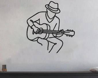 Guitarist Line Metal Wall Art: Geometric Musician Gift